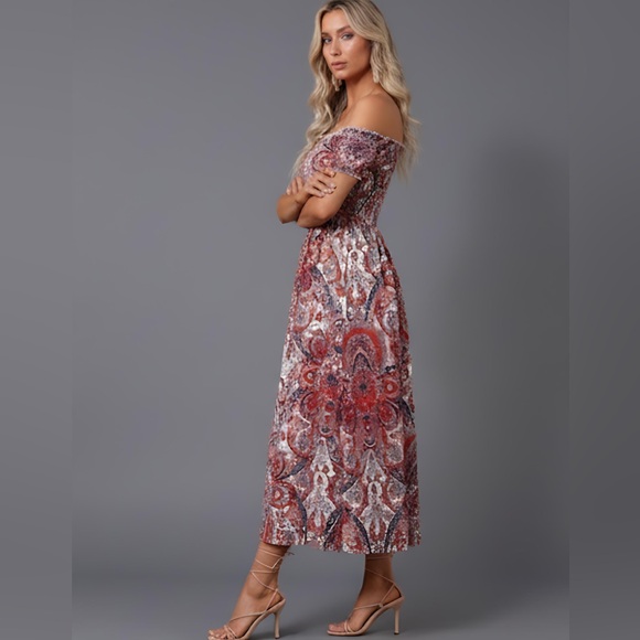Boho Paisley Off Shoulder Split Thigh Dress - Picture 2 of 6